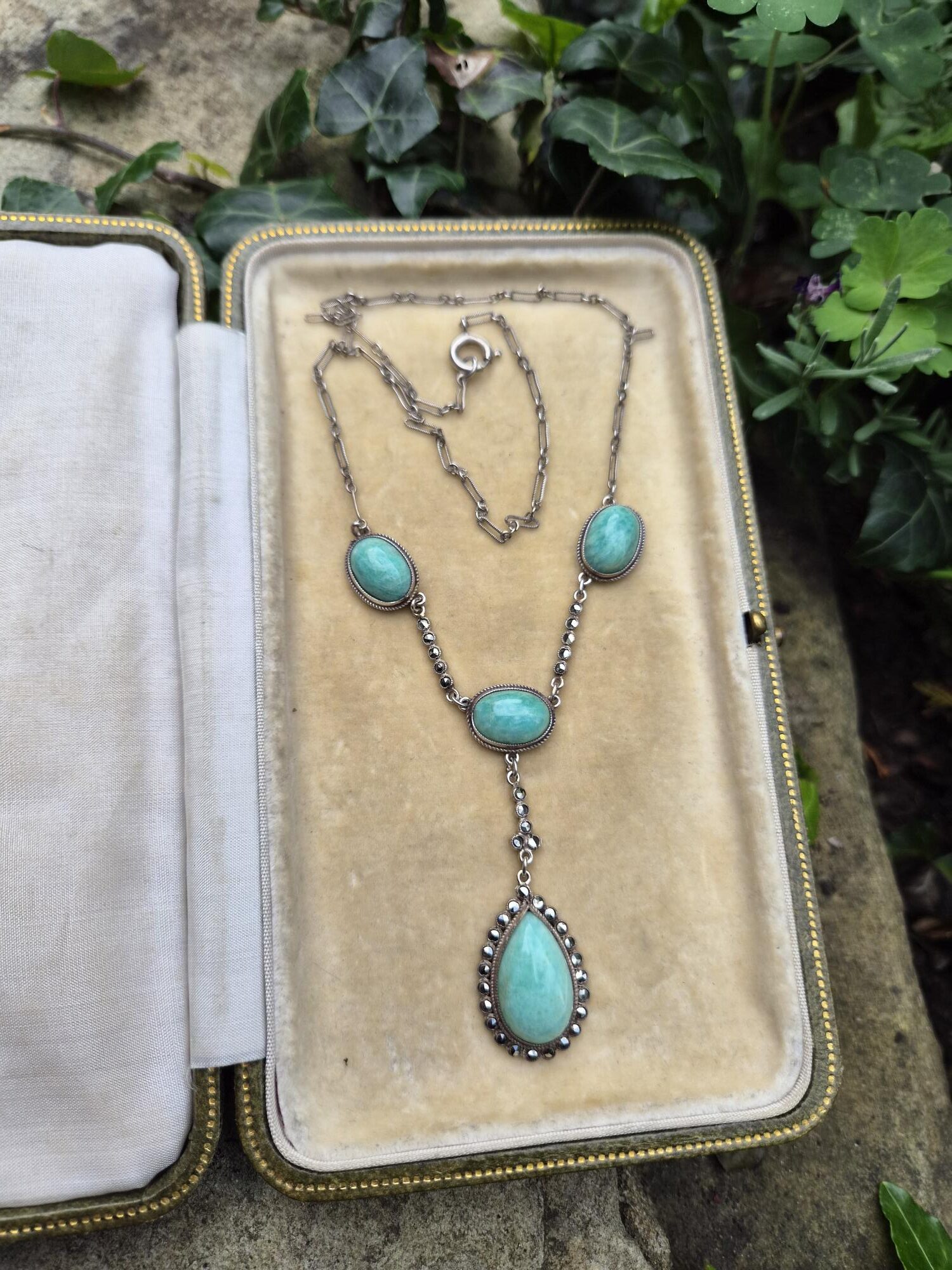 c1930 Art Deco drop pendant necklace with beautiful amazonite and marcasite - Image 2