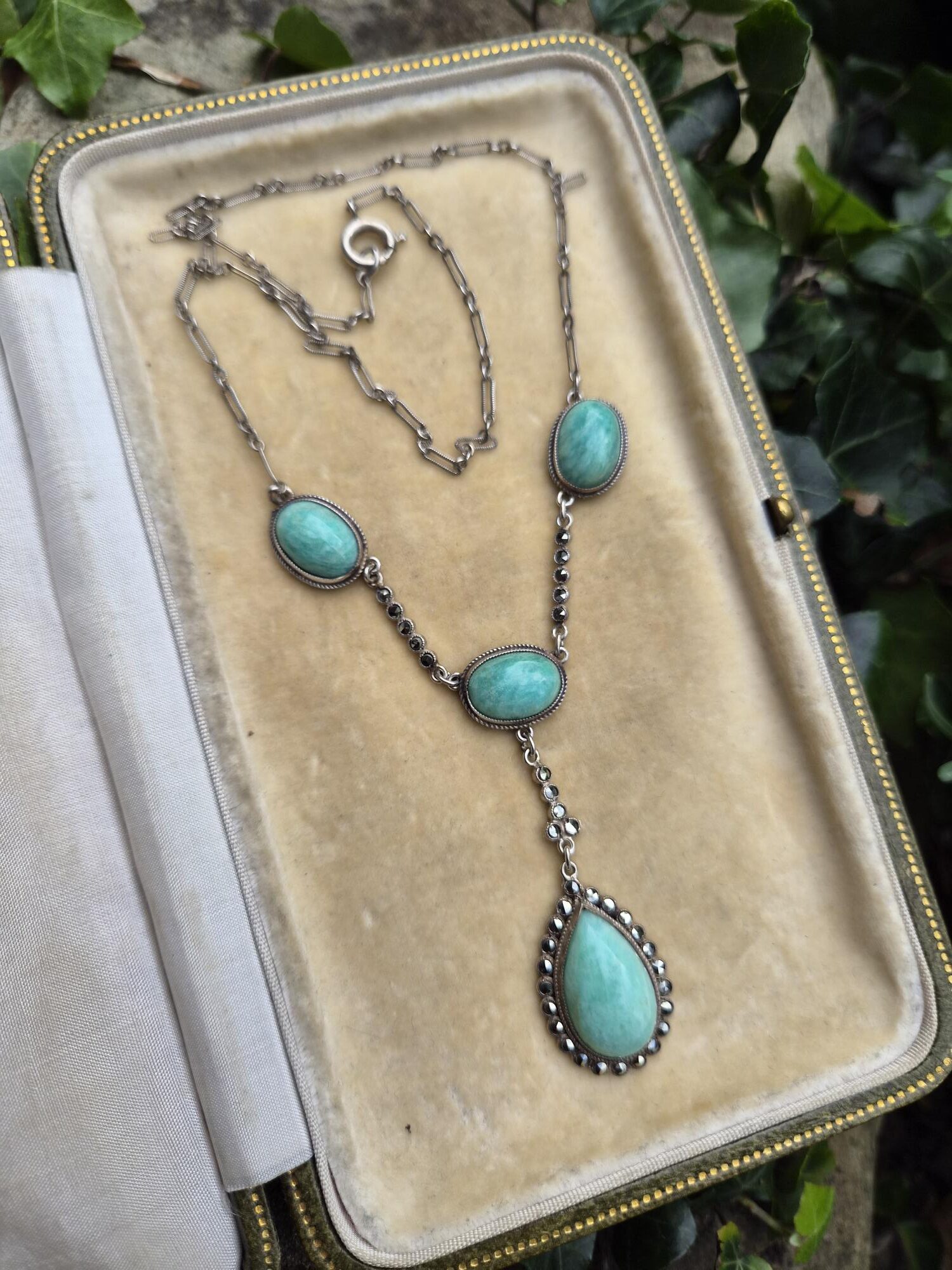c1930 Art Deco drop pendant necklace with beautiful amazonite and marcasite - Image 3