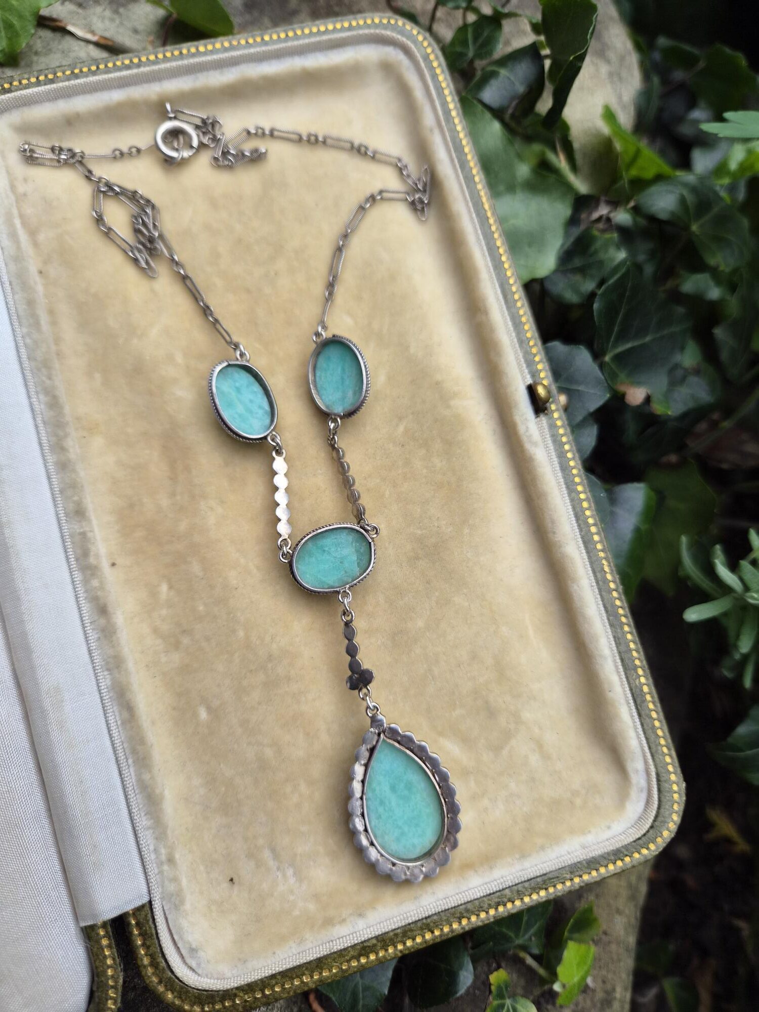 c1930 Art Deco drop pendant necklace with beautiful amazonite and marcasite - Image 8