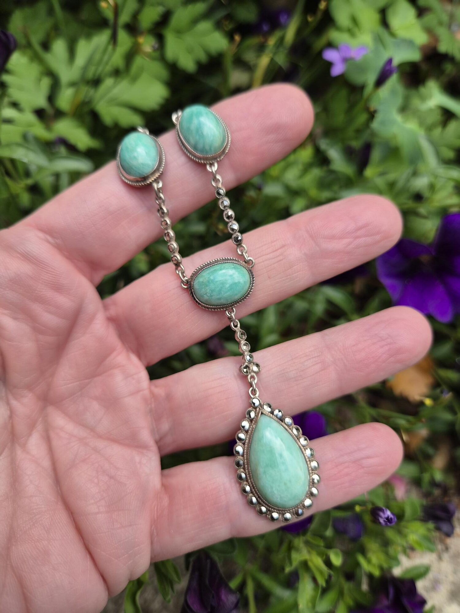 c1930 Art Deco drop pendant necklace with beautiful amazonite and marcasite