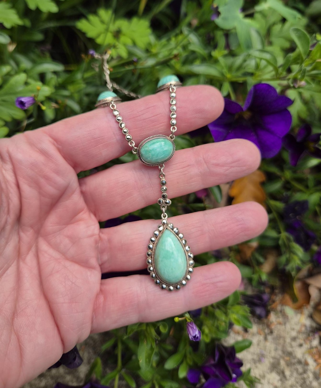 c1930 Art Deco drop pendant necklace with beautiful amazonite and marcasite - Image 6