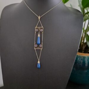 Vintage Art Deco 1930s Swiss lapis and silver gilt double drop pendant