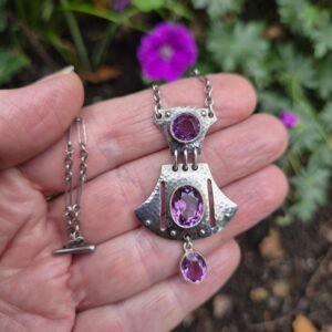 c1900 Murrle Bennett Arts and Crafts hammered silver gold and amethysts necklace with original chain