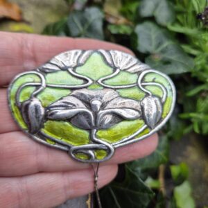 Meyle & Mayer attr c1900 Art Nouveau enamel and silver 900 brooch with organic design