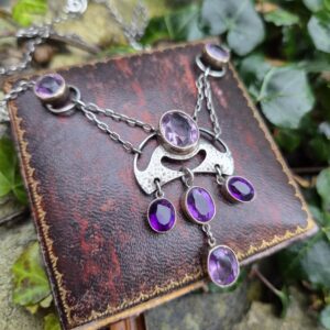 c1900 Murrle Bennett Jugendstil / Arts & Crafts silver gold and 7 amethysts necklace with original chain