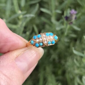 Antique 15ct gold turquoise and seed pearl cross ring - exquisite love token