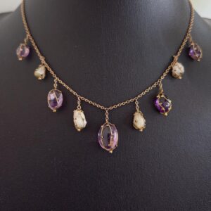 Antique 15ct gold necklace with caged amethysts and pearls, c1900 Arts and Crafts Art Nouveau