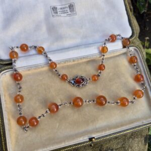 Dorrie Nossiter c1930 Arts and Crafts carnelian and crystal necklace with decorated box clasp