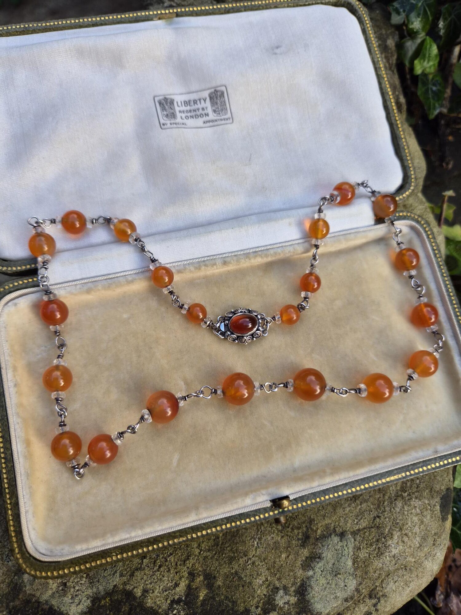 Dorrie Nossiter c1930 Arts and Crafts carnelian and crystal necklace with decorated box clasp