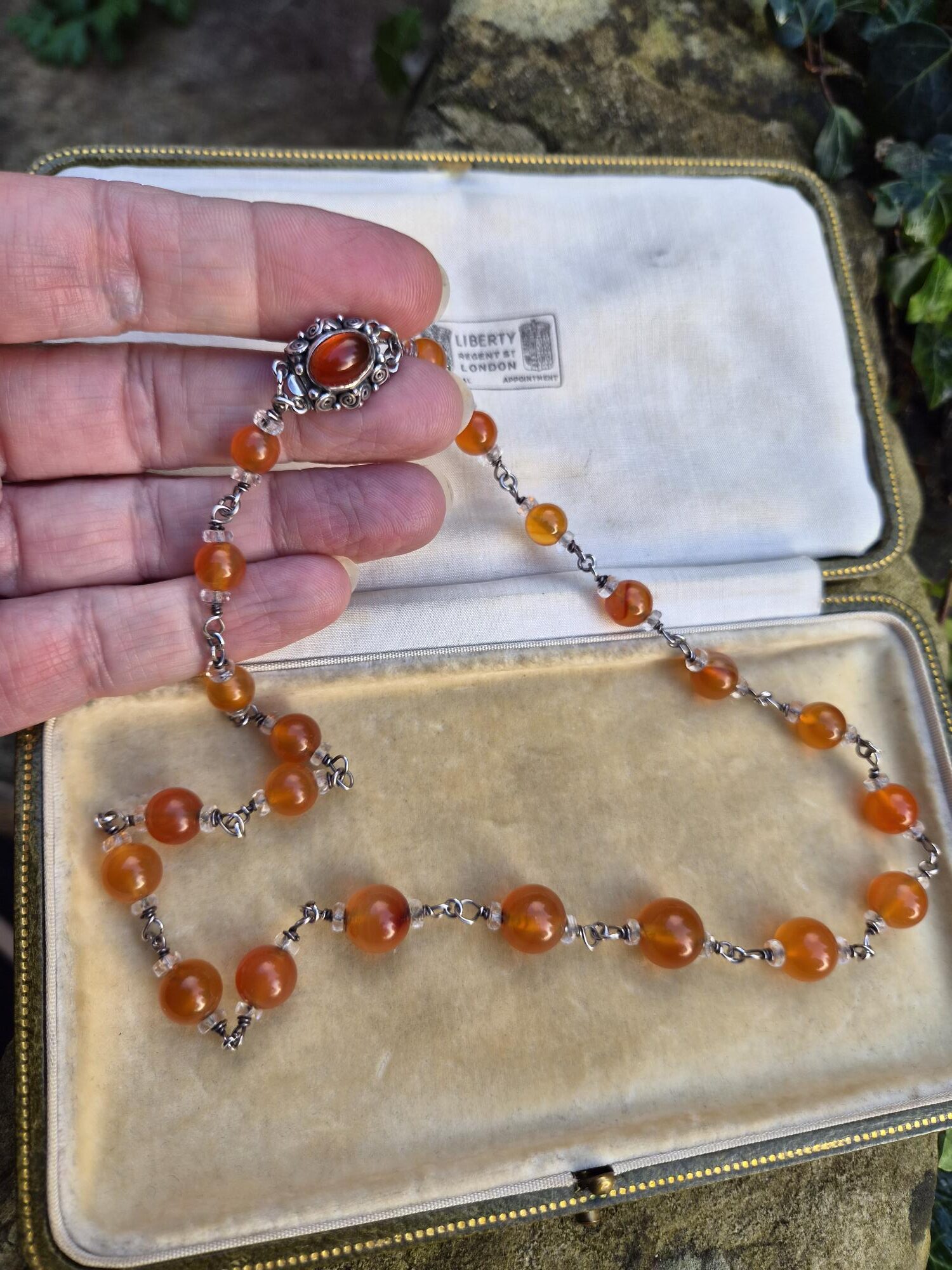 Dorrie Nossiter c1930 Arts and Crafts carnelian and crystal necklace with decorated box clasp